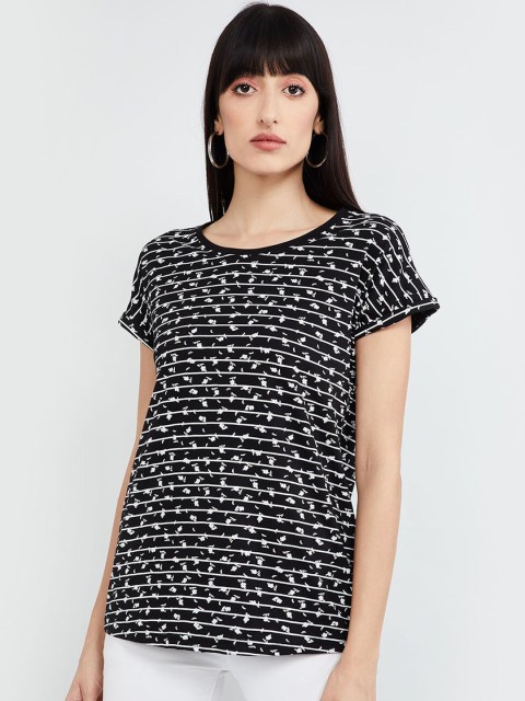 

max Women Black Printed Round Neck T-shirt
