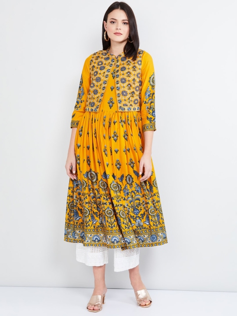 

max Women Mustard Yellow & Blue Printed A-Line Kurta
