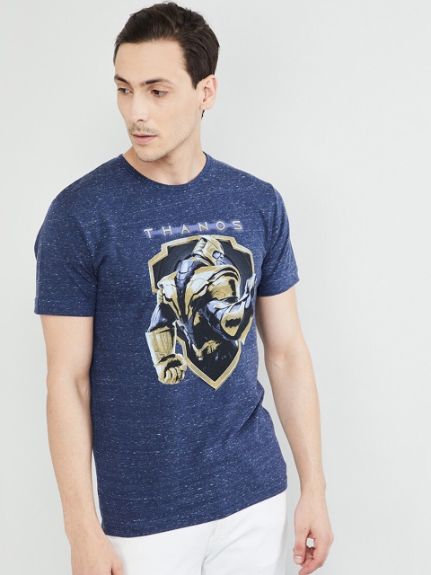 

max Men Blue Printed Round Neck T-shirt