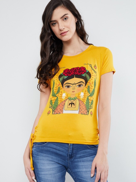 

max Women Yellow Printed Round Neck T-shirt