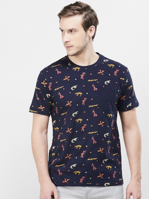 

max Men Navy Blue Printed Round Neck Pure Cotton T-shirt