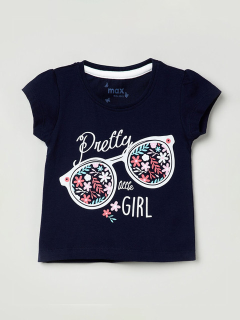 

max Girls Blue Printed Round Neck T-shirt