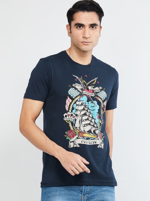 

max Men Navy Blue Printed Round Neck T-shirt