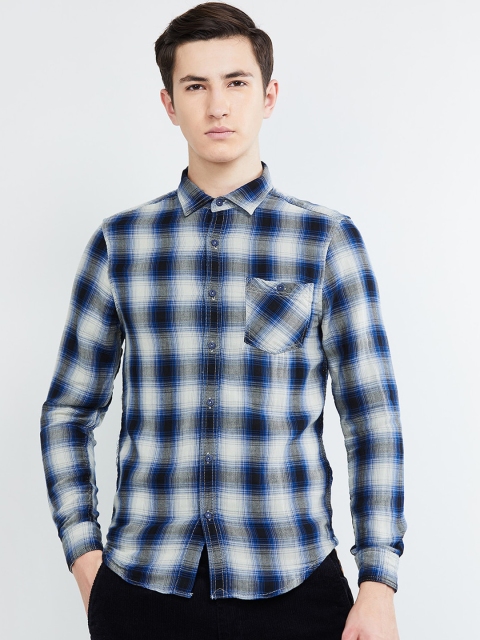 

max Men Grey & Navy Blue Slim Fit Checked Casual Shirt
