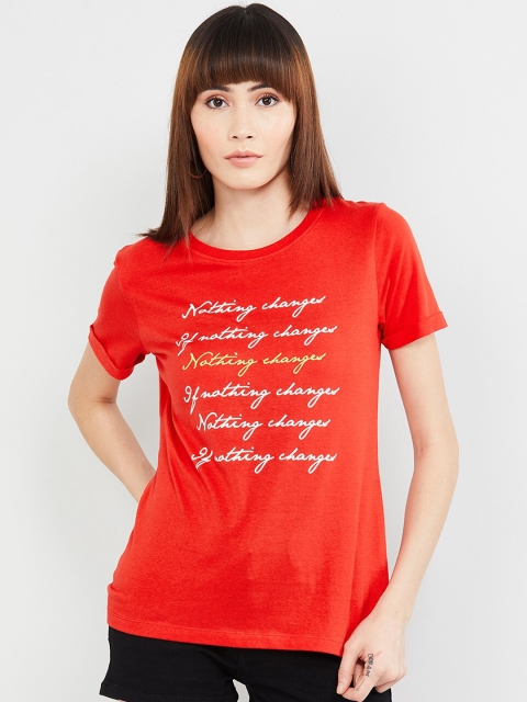 

max Women Coral Orange Printed Round Neck T-shirt