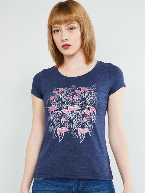 

max Women Navy Blue & Pink Floral Print T-shirt