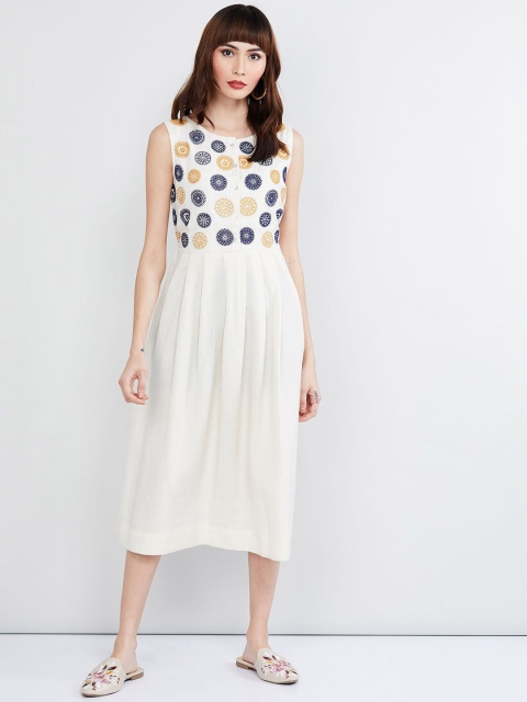 

max Women Cream-Coloured & Navy Blue Embroidered A-Line Dress