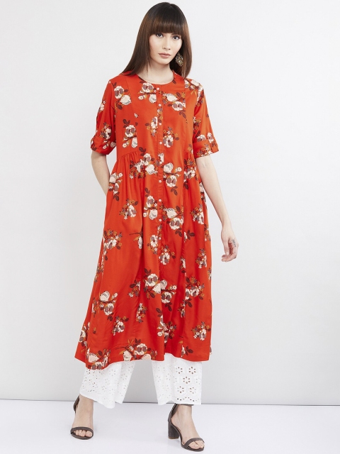 

max Women Orange & White Floral Printed A-Line Kurta