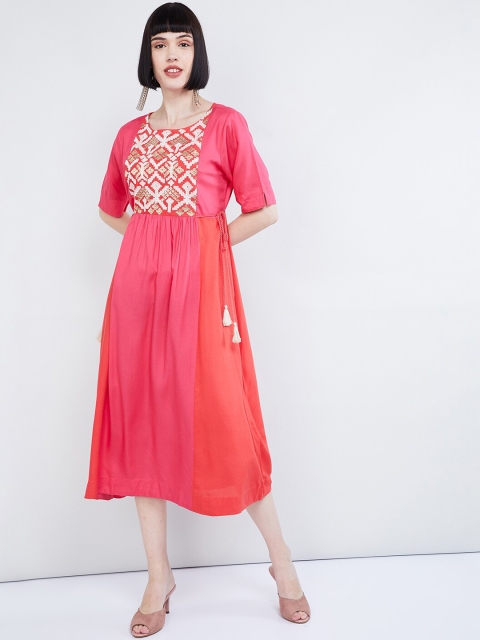 

max Women Pink & Orange Colourblocked Embroidered A-Line Dress