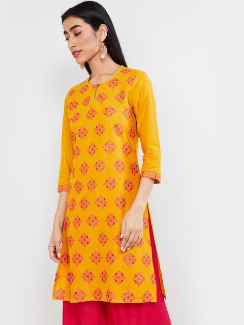 

max Women Mustard Yellow & Red Printed Straight Kurta