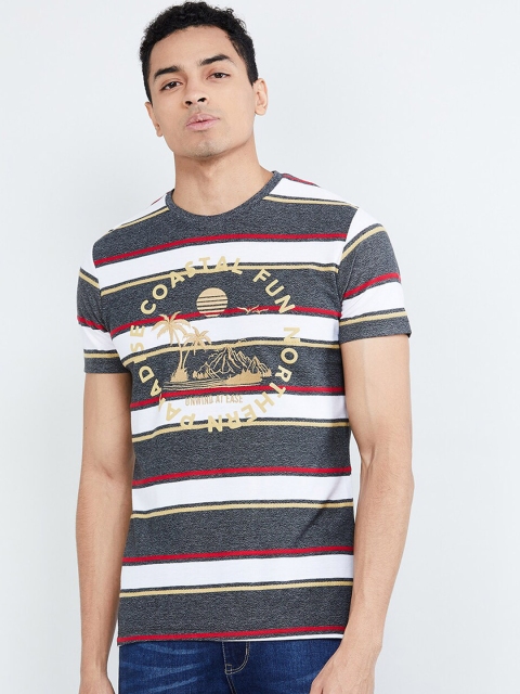 

max Men Grey & White Striped Round Neck T-shirt