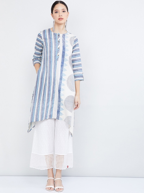 

max Women White & Blue Striped Straight Kurta