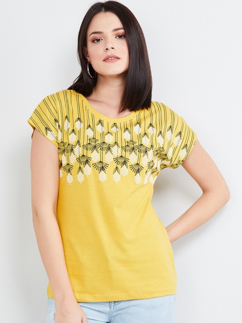 

max Women Yellow Printed Round Neck T-shirt