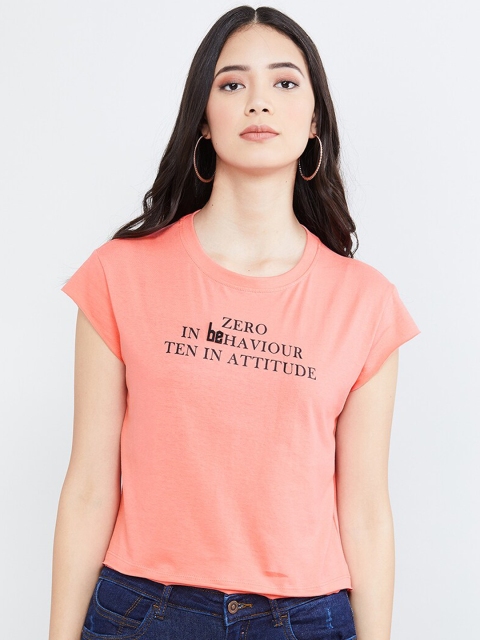 

max Women Orange Printed Round Neck T-shirt