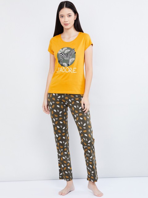 

max Women Mustard Yellow & Green Printed Night Suit