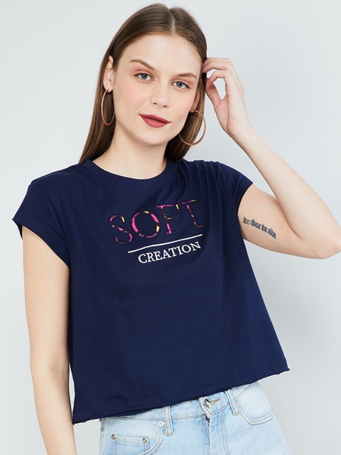 

max Women Navy Blue Printed Round Neck T-shirt
