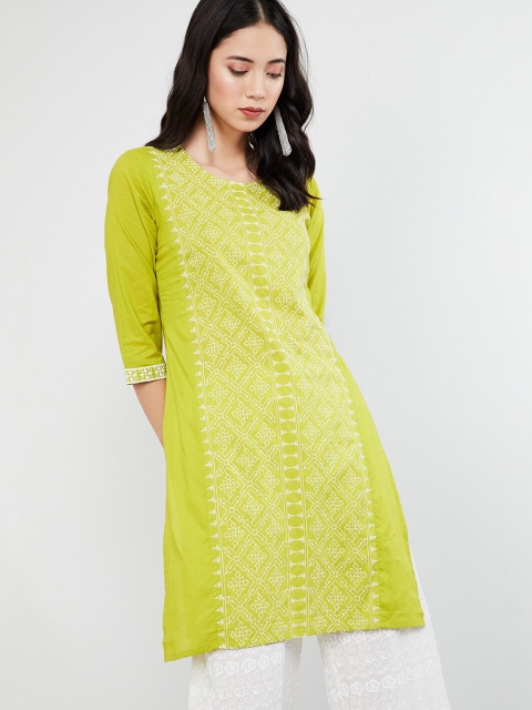 

max Women Green & White Embroidered Straight Kurta