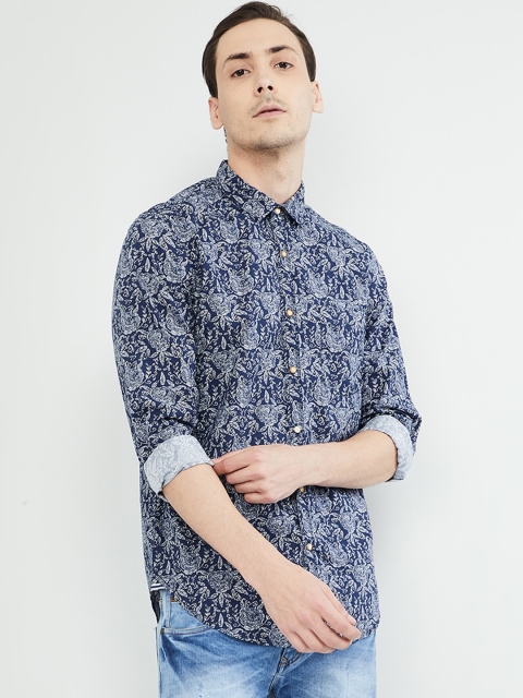 

max Men Navy Blue & Off-White Slim Fit Floral Printed Casual Shirt