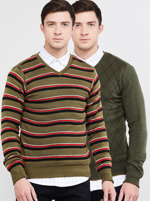 

max Men Olive Green & Red Striped Reversible Pullover Sweater