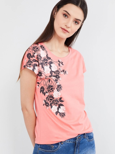 

max Women Peach-Coloured Printed Round Neck T-shirt