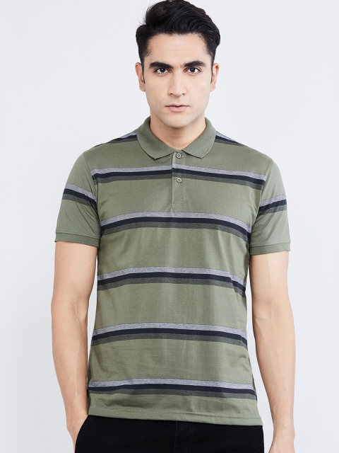 

max Men Green Striped Polo Collar T-shirt