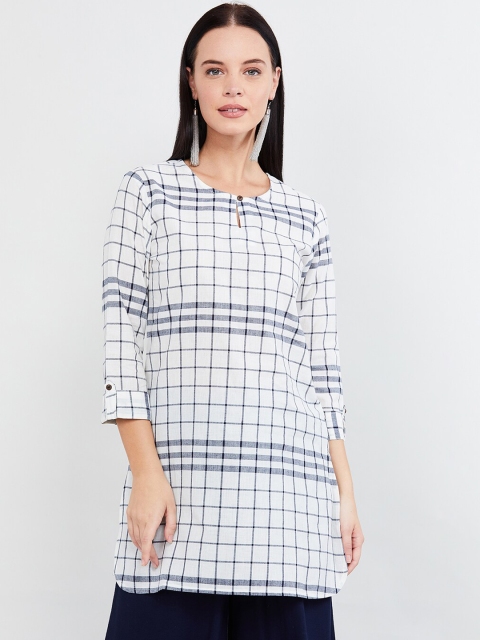 

max Women Off White & Blue Checked Pure Cotton Straight Kurti