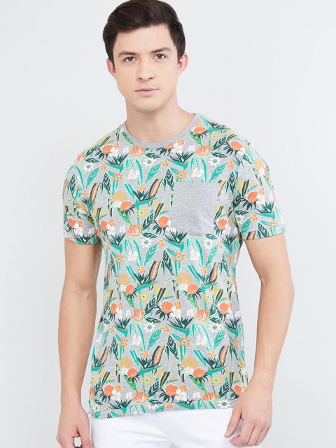 

max Men Grey Melange Floral Printed Round Neck T-shirt
