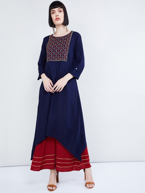 

max Women Navy Blue Embroidered Straight Kurta