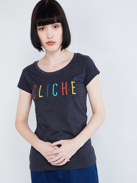 

max Women Charcoal Grey Self Design Round Neck T-shirt
