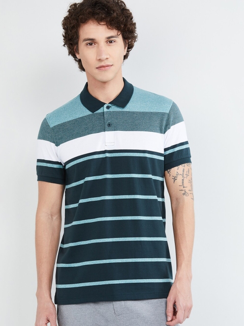 

max Men Green Striped Polo Collar T-shirt