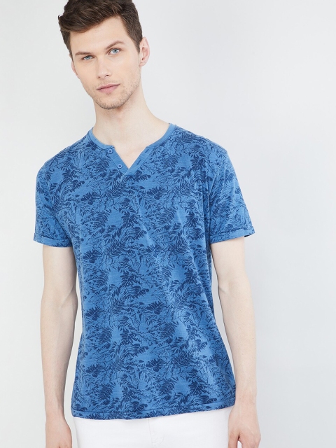

max Men Blue Printed Round Neck T-shirt