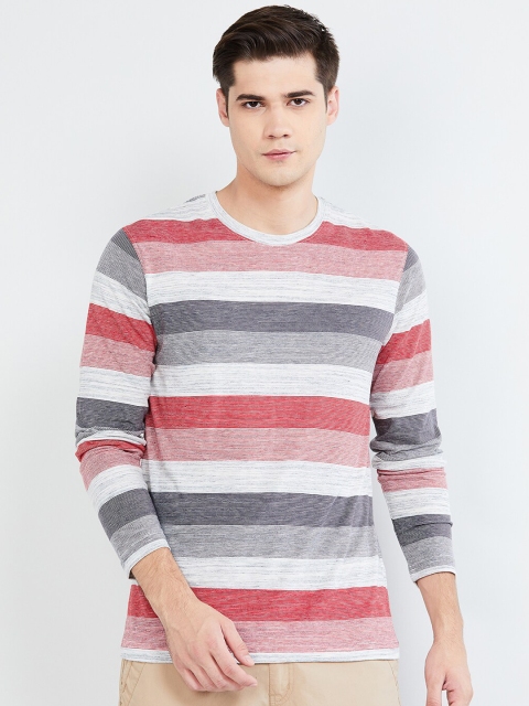 

max Men Grey & Red Striped Round Neck T-shirt