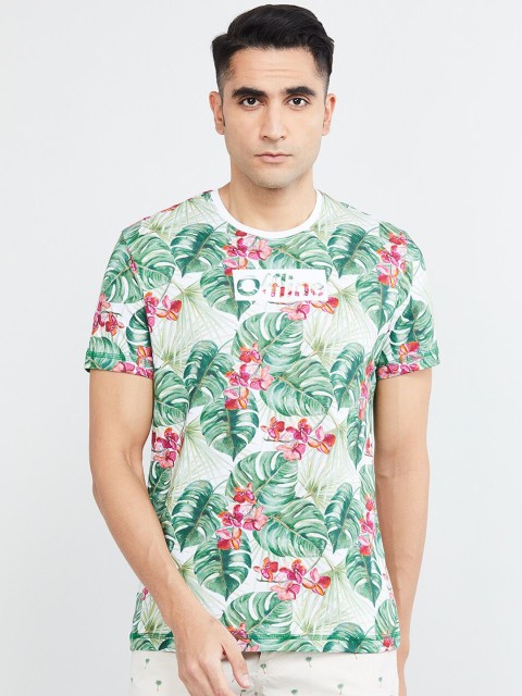 

max Men Green & PInk Tropical Printed Round Neck T-shirt