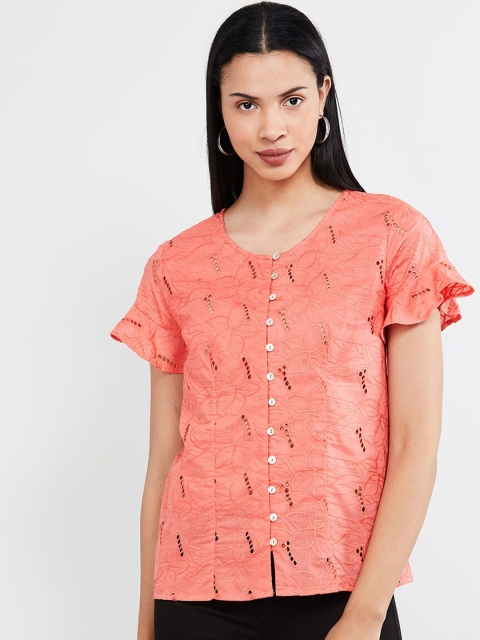 

max Women Coral Orange Embroidered Pure Cotton Top