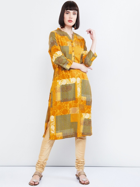 

max Women Mustard Yellow & Grey Printed Straight Kurta