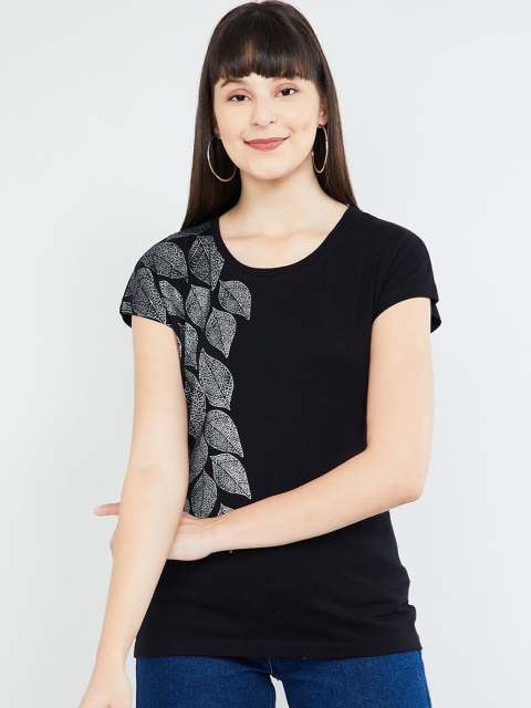 

max Women Black Printed Round Neck T-shirt