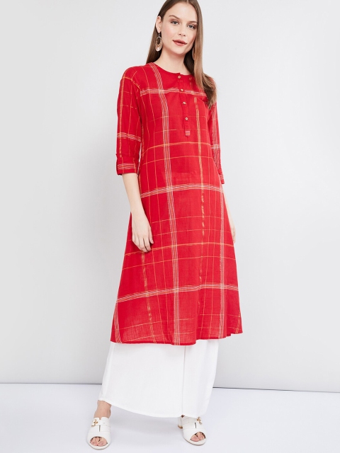 

max Women Maroon Checked A-Line Kurta