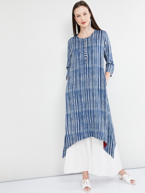 max Women Blue & Off-White Striped A-Line Kurta