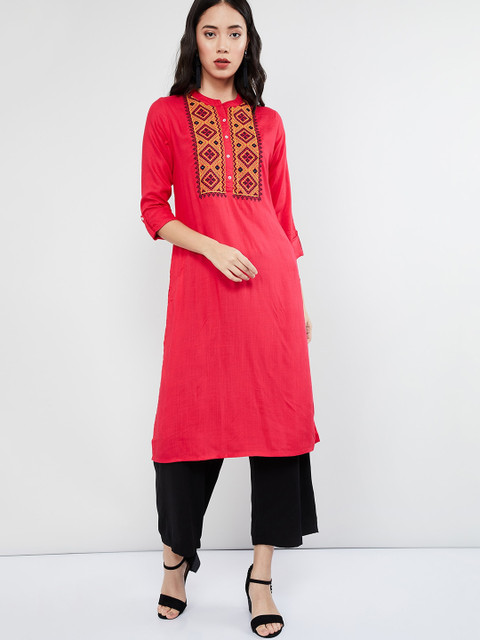 

max Women Pink & Yellow Yoke Design Straight Kurta