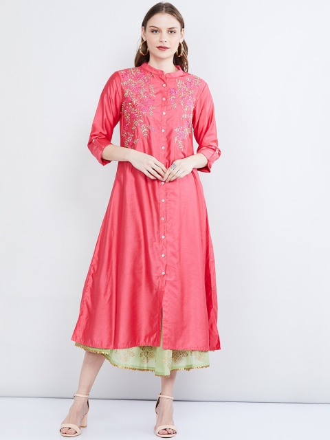 

max Women Pink & Green Embroidered A-Line Kurta