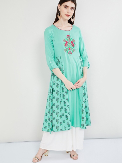 

max Women Green Embroidered A-Line Kurta