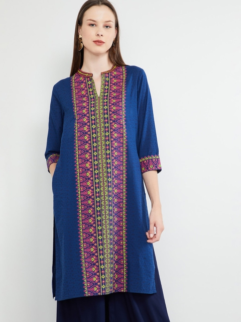 max Women Navy Blue & Pink Printed Straight Kurta