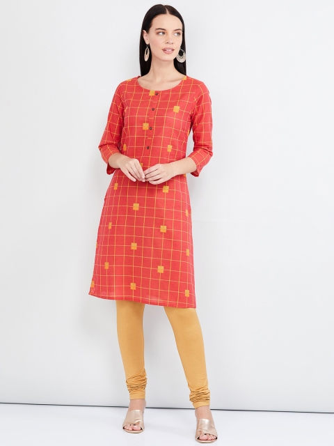 

max Women Orange & Yellow Checked Straight Kurta