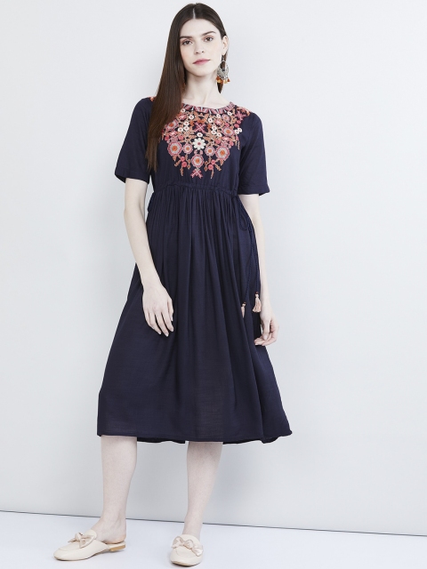 

max Women Navy Blue Embroidered A-Line Dress