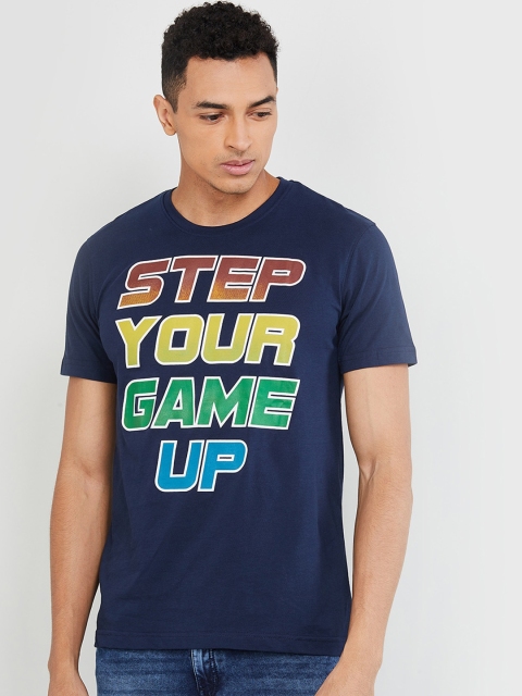 

max Men Blue Printed Round Neck T-shirt