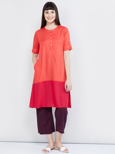 

max Women Peach-Coloured & Pink Colourblocked Straight Kurta