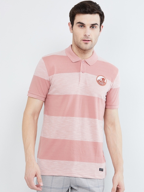 

max Men Pink Striped Polo Collar Slim Fit T-shirt
