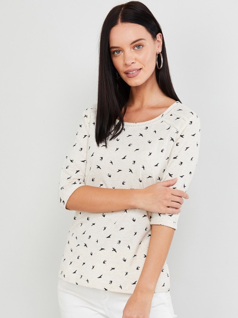 max Women Beige Printed Round Neck T-shirt