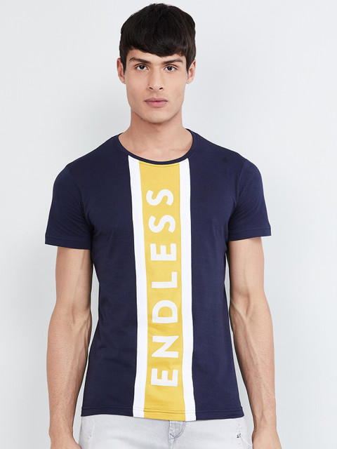

max Men Blue Printed Round Neck T-shirt