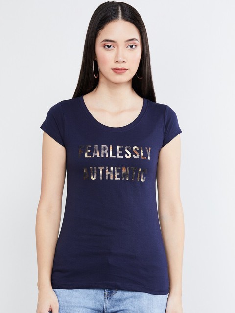 

max Women Navy Blue Solid Round Neck T-shirt